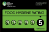 Green food hygiene rating card showing a score of 5.