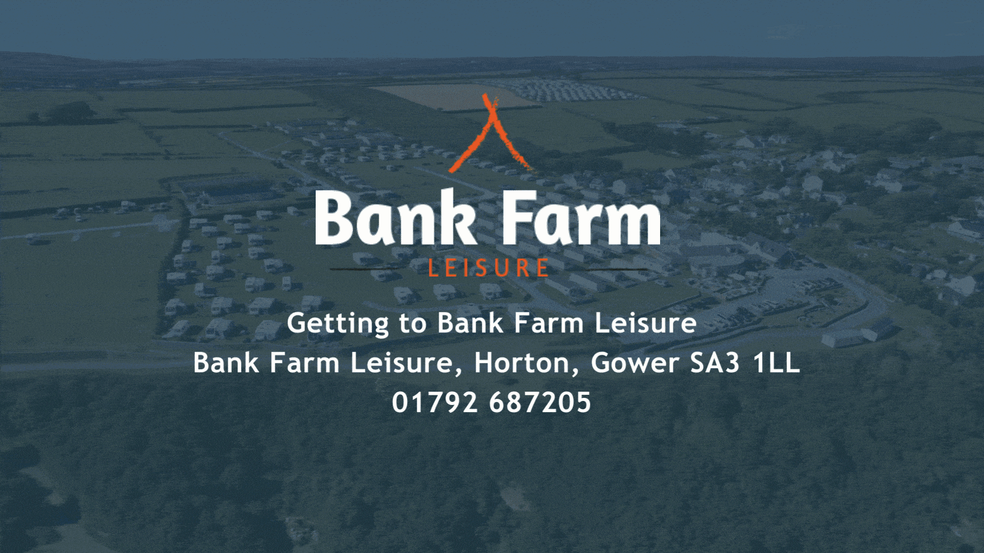Aerial view of Bank Farm Leisure with text overlay: "Getting to Bank Farm Leisure, Bank Farm Leisure, Horton, Gower SA3 1LL, 01792 687205.