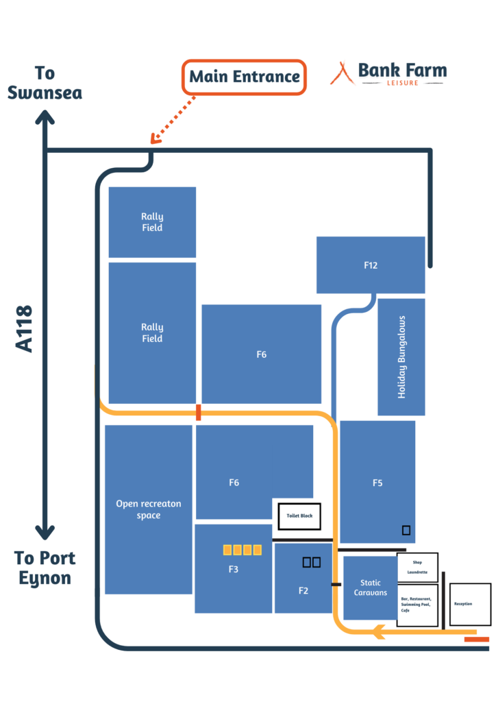 Map of Bank Farm showing fields, holiday bungalows, static caravans, and main entrance. Directions to Swansea and Port Eynon are marked.