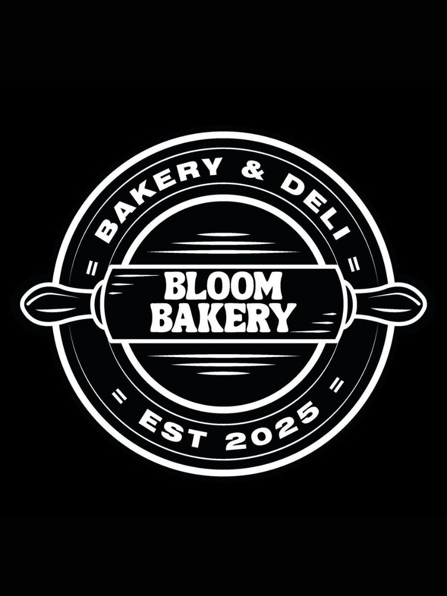 Circular black and white logo for Bloom Bakery, featuring a rolling pin and the text "Bakery & Deli" and "Est 2025".