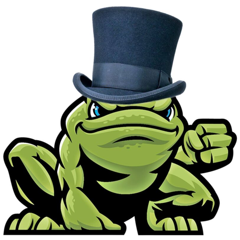 Cartoon-style green frog wearing a black top hat, facing forward with a determined expression and one fist raised.