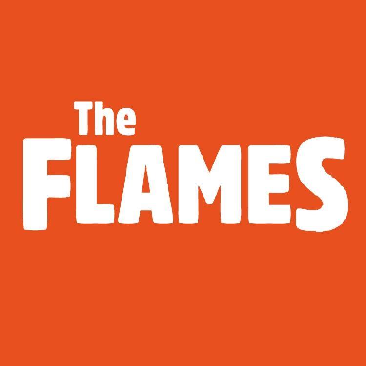 The words 'The Flames' in white on a bright red-orange plain background