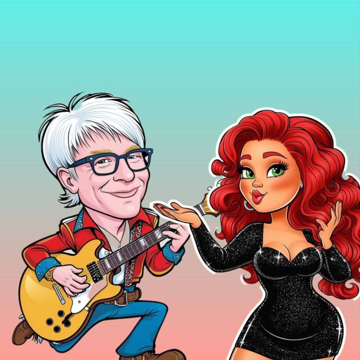 Cartoon of a man with white hair playing an electric guitar and a woman with long red hair in a black dress singing into a microphone.