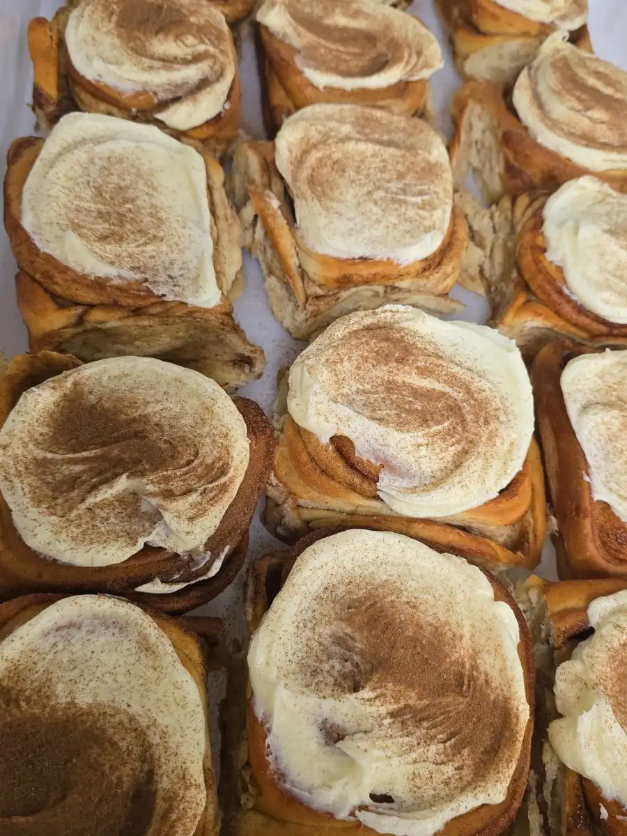 Rows of cinnamon rolls topped with swirled cream cheese frosting and sprinkled with cinnamon, arranged closely together on a flat surface.